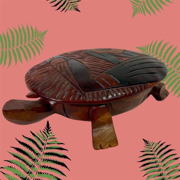 Wooden Turtle Tortoise Hand Carved Trinket Box Bowl Removeable Lid Floral - Picture 1 of 8